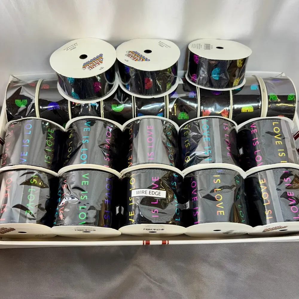 Ribbon LGBTQ+ Pride Black Satin W/ Rainbow Metallic Wired Crafting Lot 22 Rolls